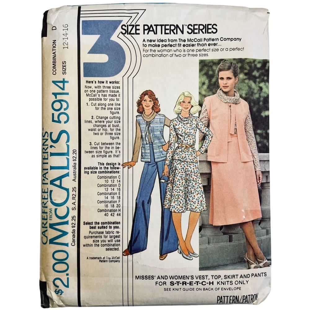 McCall's 5914 Sewing Pattern Misses' Vest Top Skirts Pants Size 12-16 Uncut
